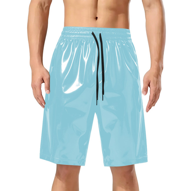 Men's Drawstring Elastic Waist Shiny PVC Leather Shorts Male Wetlook Solid Color Short Pants Club Street Knee-length Trousers