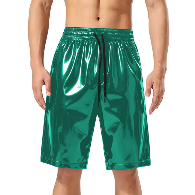 Men's Drawstring Elastic Waist Shiny PVC Leather Shorts Male Wetlook Solid Color Short Pants Club Street Knee-length Trousers