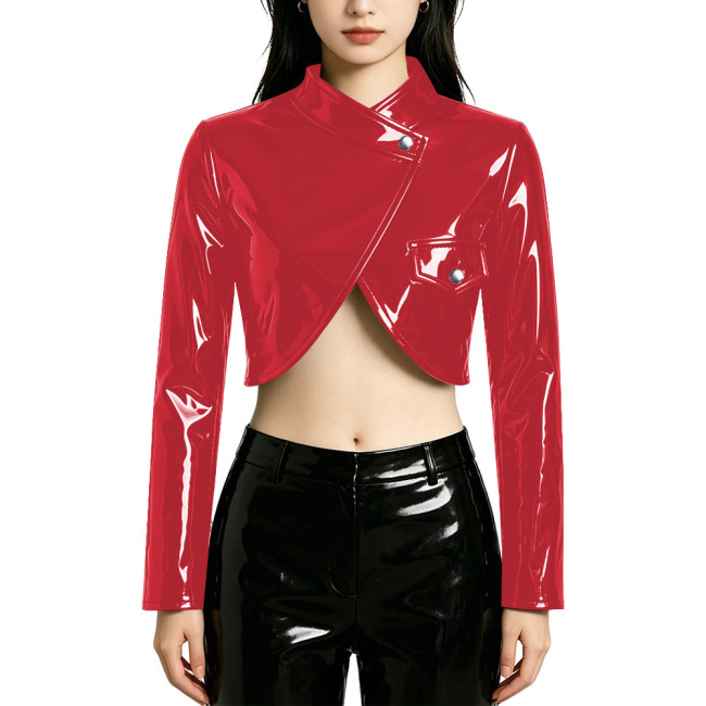 PVC Wet Look Cropped Jacket Punk Style Long Sleeve Cross Neck Short Blazer Tops Statement Outerwear Asymmetrical Button-Up Coats