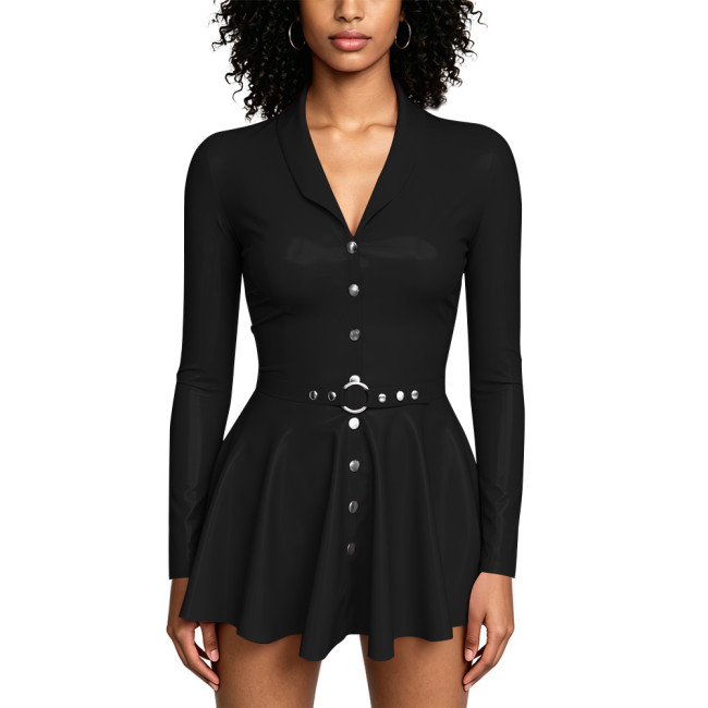 Plus Size PVC Shiny Pleated Mini Dress for Party Club Street Glossy Single-breasted Swing Dress with O‑Ring Belt Evening Outfits