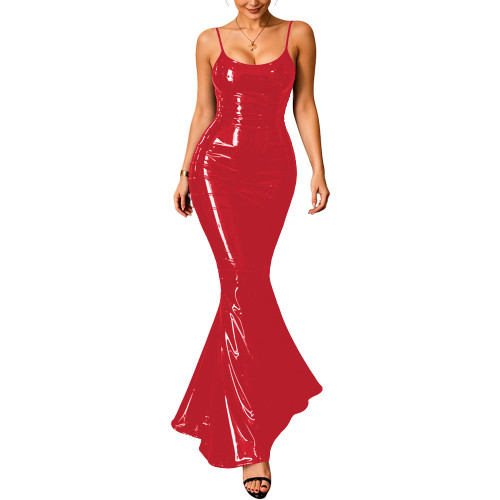 Charming Sexy PVC Evening Dress Glossy Faux Leather Spaghetti Strap Mermaid Prom Dress Womens Skinny Formal Party Long Dresses