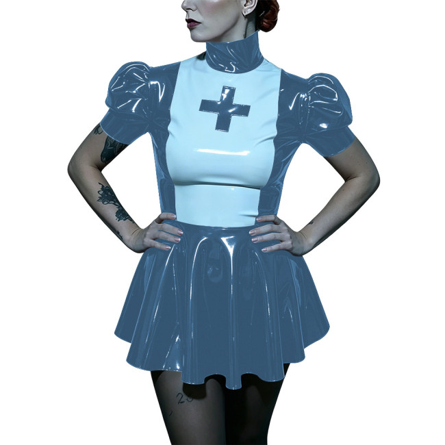 Womens High Neck Naughty Nurse Cosplay Dress Adult Party Role-play Nurse Costume Puff Short Sleeve Patchwork A-line Mini Dresses