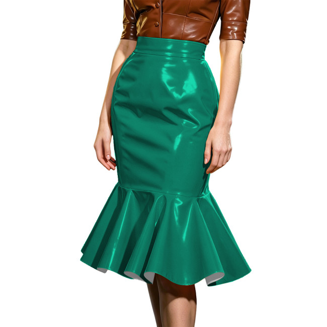 Plus Size Elegant Midi Skirt for Women High Waist Ruffle Hem Slim Skirts PVC Glossy Leather Party Cocktail Bodycon Skirt Fashion