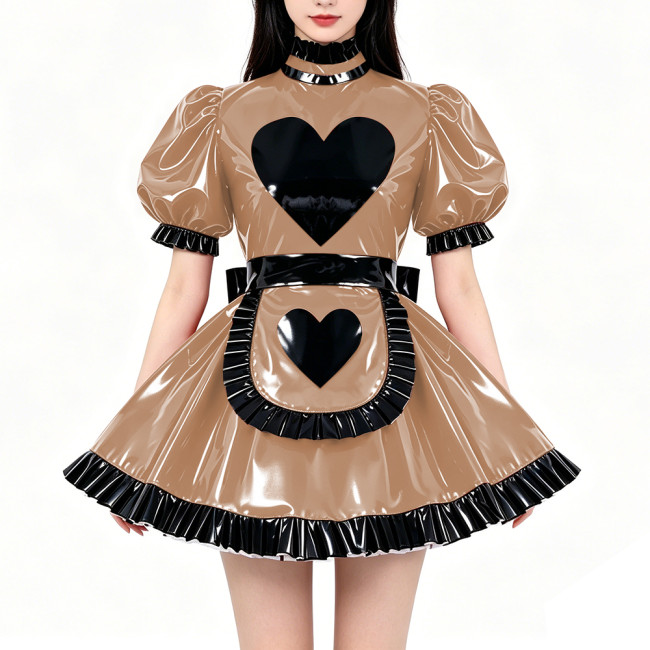 Lockable PVC Shiny Sweet Maid Uniforms Sissy High Collar Ruffle Trim A-line Mini Dress with Apron Carnival Party Cosplay Outfits