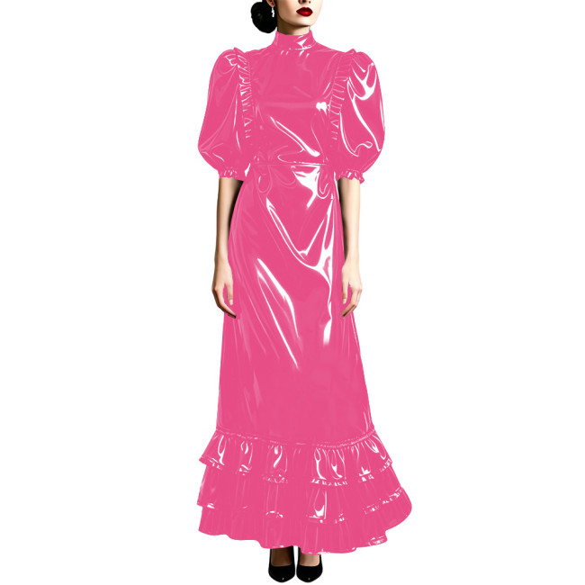 Plus Size Puff Short Sleeve PVC Shiny Long Dress Vintage Ankle-length Mermaid Dress Formal Outfit Carnival Cosplay Party Wear