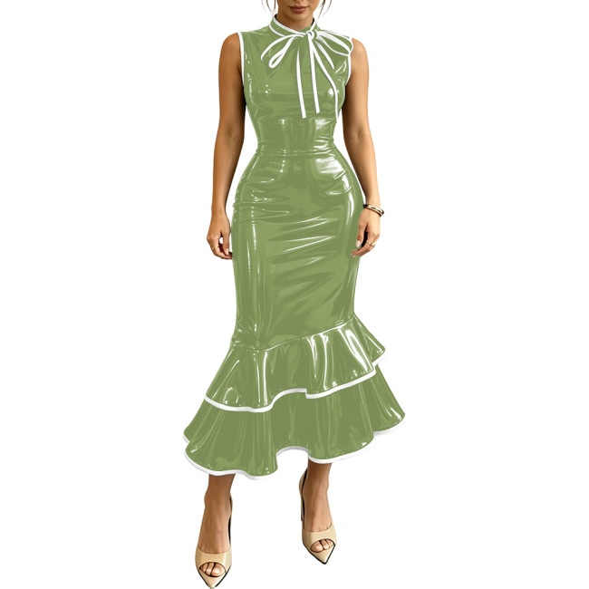 Ladies Elegant High Waist Bodycon Dress PVC Shiny Tea-Length Mermaid Evening Gowns Fashion Bow Neck Sleeveless Wet Look Dresses