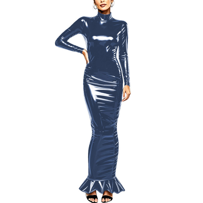 Sexy Women PVC Vinyl Leather Long Pencil Dress Wetlook Long Sleeve Turtleneck Bodycon Mermaid Maxi Dress Cocktail Party Costume
