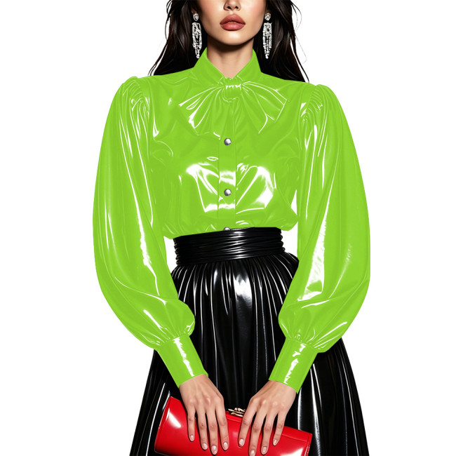 Wet PVC Leather Puff Long Sleeve Shirt with Button‑Down Glossy Vintage Tops Elegant Female Blouse Theme Party Night Club Wear