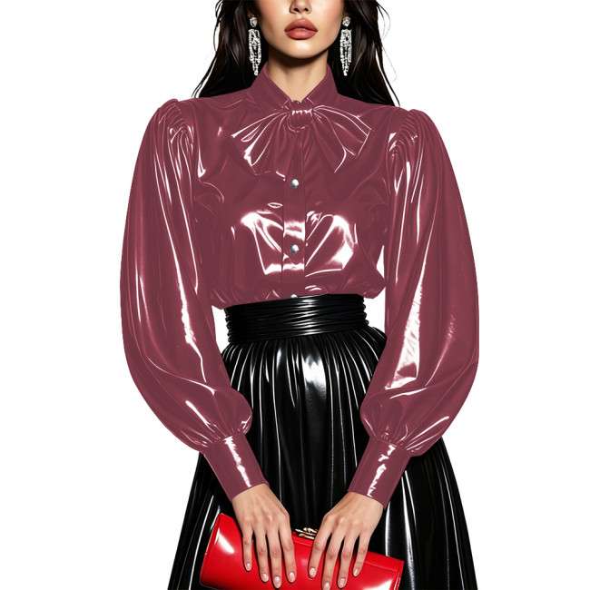 Wet PVC Leather Puff Long Sleeve Shirt with Button‑Down Glossy Vintage Tops Elegant Female Blouse Theme Party Night Club Wear