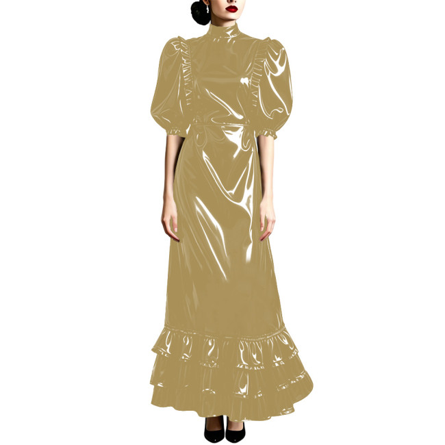 Plus Size Puff Short Sleeve PVC Shiny Long Dress Vintage Ankle-length Mermaid Dress Formal Outfit Carnival Cosplay Party Wear