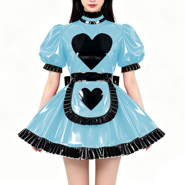 Lockable PVC Shiny Sweet Maid Uniforms Sissy High Collar Ruffle Trim A-line Mini Dress with Apron Carnival Party Cosplay Outfits
