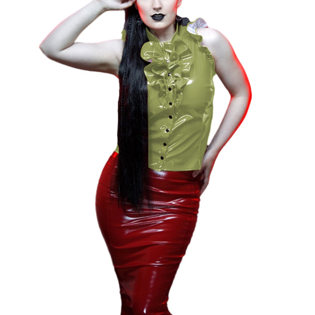 Women's Ruffles Sleeveless Shirt Wet Look PVC Leather Sexy Stand Collar Button Up Blouse Tops Sissy Fetish Clubwear Lady