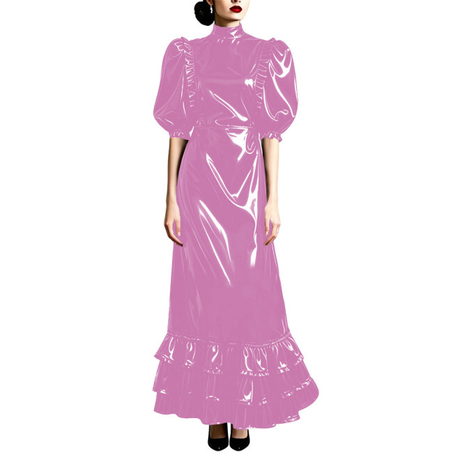 Plus Size Puff Short Sleeve PVC Shiny Long Dress Vintage Ankle-length Mermaid Dress Formal Outfit Carnival Cosplay Party Wear