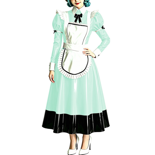 Vintage Glossy PVC Leather Maid Cosplay Dress French Style Patchwork A-line Long Dress with Frilled Apron Halloween Maid Uniform