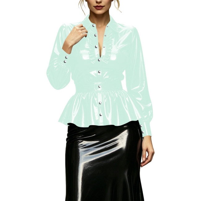 Ladies High Street Glossy Ruffles Hem Shirts with Belt Elegant French Style Long Lantern Sleeve Top Female Casual Retro Blouse