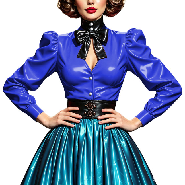Ladies Glossy PVC Leather Bow Neck Blouse Plus Size Puff Long Sleeve Button Front Shirt Retro Sexy Hollow Out Top for Nightclub