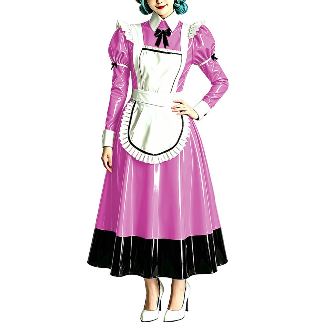 Vintage Glossy PVC Leather Maid Cosplay Dress French Style Patchwork A-line Long Dress with Frilled Apron Halloween Maid Uniform