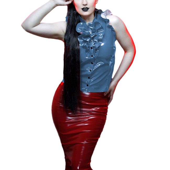 Women's Ruffles Sleeveless Shirt Wet Look PVC Leather Sexy Stand Collar Button Up Blouse Tops Sissy Fetish Clubwear Lady