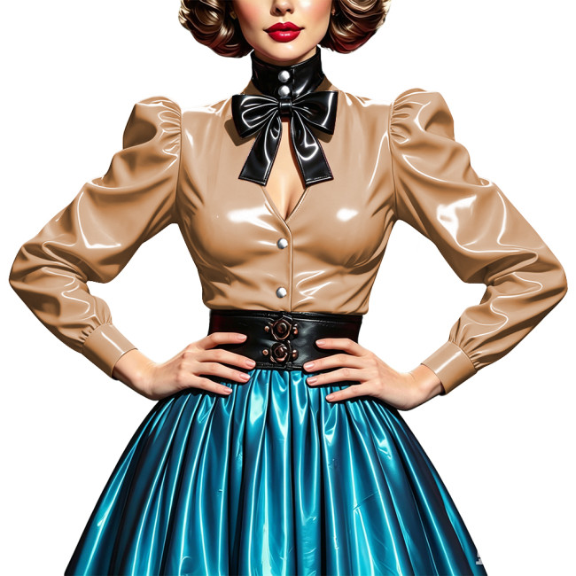 Ladies Glossy PVC Leather Bow Neck Blouse Plus Size Puff Long Sleeve Button Front Shirt Retro Sexy Hollow Out Top for Nightclub