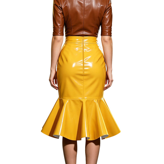 Plus Size Elegant Midi Skirt for Women High Waist Ruffle Hem Slim Skirts PVC Glossy Leather Party Cocktail Bodycon Skirt Fashion
