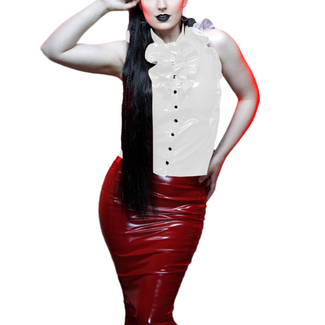 Women's Ruffles Sleeveless Shirt Wet Look PVC Leather Sexy Stand Collar Button Up Blouse Tops Sissy Fetish Clubwear Lady