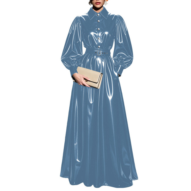 Elegant Vinyl PVC Leather Shirt Skirt Sets Women Turn‑Down Collar Puff Sleeve Top High Waist Pleated Long Skirt Suits Clubwear