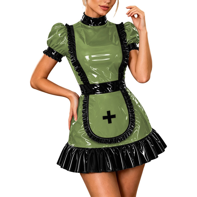Sissy Halloween Maid Nurse Uniform PVC Shiny Puff Short Sleeve Tight Dress with Ruffle Trims Cosplay Cute Nurse Role-playing Set
