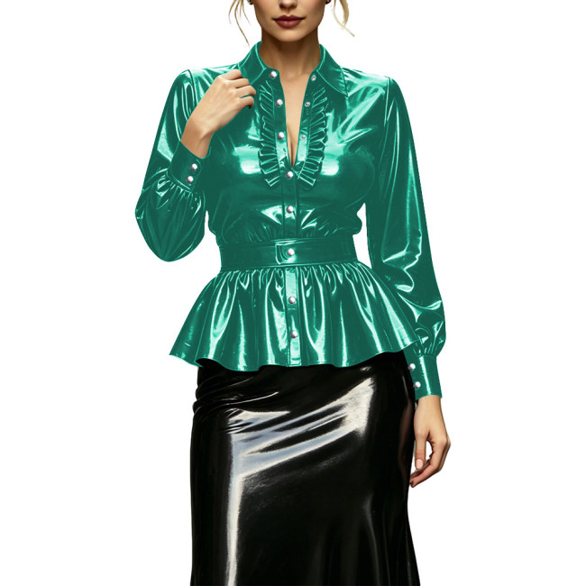Ladies High Street Glossy Ruffles Hem Shirts with Belt Elegant French Style Long Lantern Sleeve Top Female Casual Retro Blouse