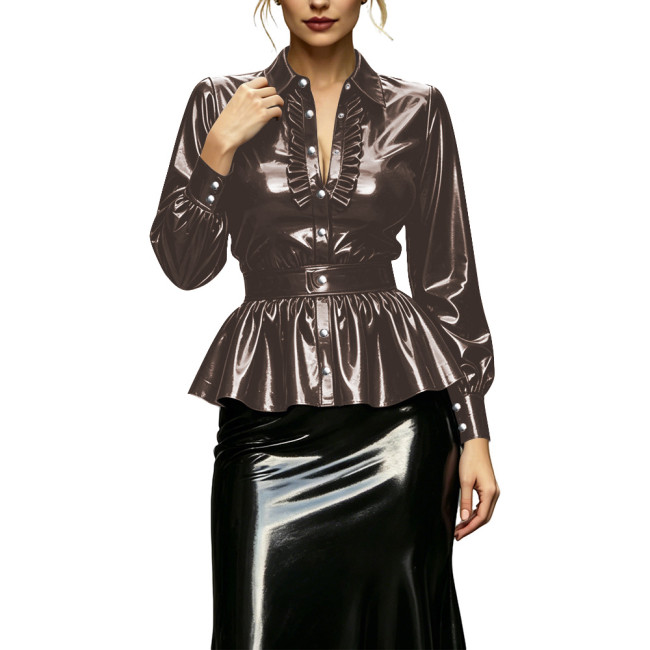 Ladies High Street Glossy Ruffles Hem Shirts with Belt Elegant French Style Long Lantern Sleeve Top Female Casual Retro Blouse