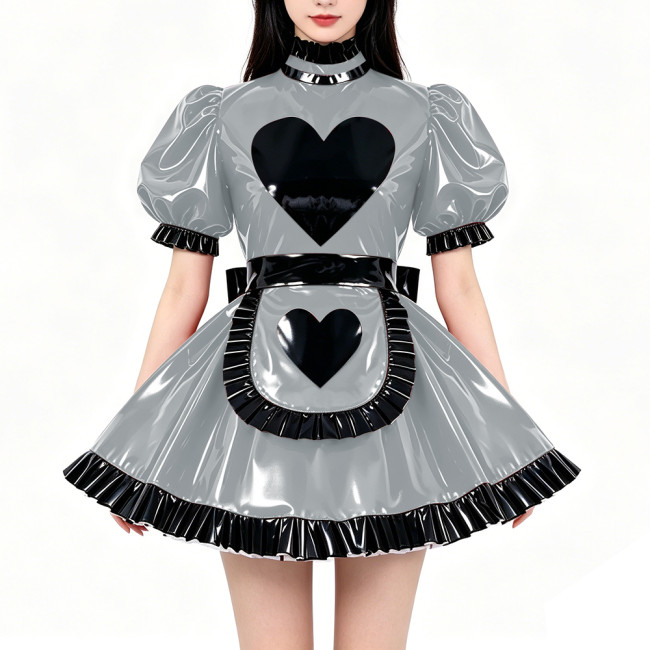 Lockable PVC Shiny Sweet Maid Uniforms Sissy High Collar Ruffle Trim A-line Mini Dress with Apron Carnival Party Cosplay Outfits