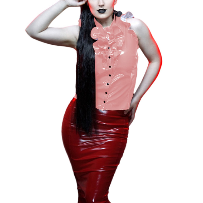 Women's Ruffles Sleeveless Shirt Wet Look PVC Leather Sexy Stand Collar Button Up Blouse Tops Sissy Fetish Clubwear Lady