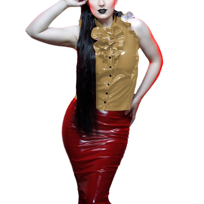 Women's Ruffles Sleeveless Shirt Wet Look PVC Leather Sexy Stand Collar Button Up Blouse Tops Sissy Fetish Clubwear Lady