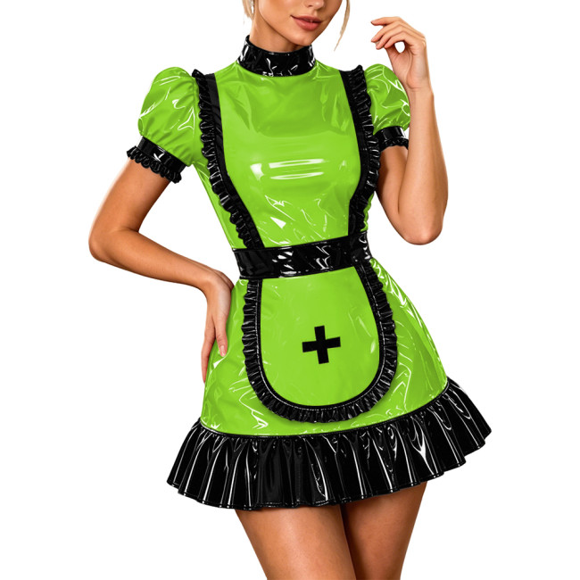 Sissy Halloween Maid Nurse Uniform PVC Shiny Puff Short Sleeve Tight Dress with Ruffle Trims Cosplay Cute Nurse Role-playing Set
