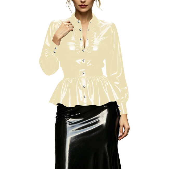 Ladies High Street Glossy Ruffles Hem Shirts with Belt Elegant French Style Long Lantern Sleeve Top Female Casual Retro Blouse