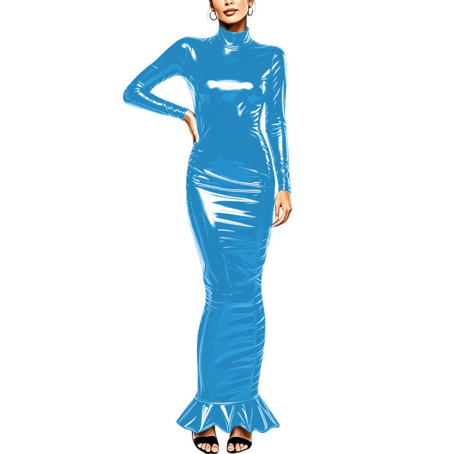 Sexy Women PVC Vinyl Leather Long Pencil Dress Wetlook Long Sleeve Turtleneck Bodycon Mermaid Maxi Dress Cocktail Party Costume