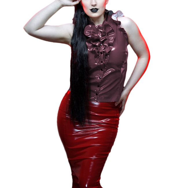 Women's Ruffles Sleeveless Shirt Wet Look PVC Leather Sexy Stand Collar Button Up Blouse Tops Sissy Fetish Clubwear Lady