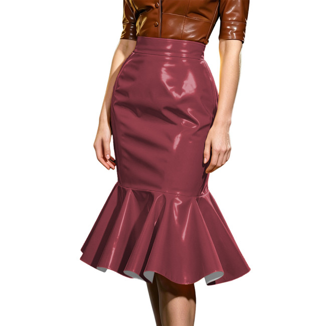Plus Size Elegant Midi Skirt for Women High Waist Ruffle Hem Slim Skirts PVC Glossy Leather Party Cocktail Bodycon Skirt Fashion
