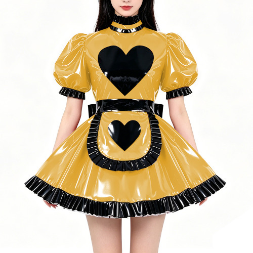 Lockable PVC Shiny Sweet Maid Uniforms Sissy High Collar Ruffle Trim A-line Mini Dress with Apron Carnival Party Cosplay Outfits