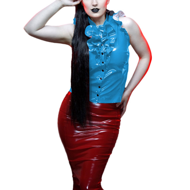 Women's Ruffles Sleeveless Shirt Wet Look PVC Leather Sexy Stand Collar Button Up Blouse Tops Sissy Fetish Clubwear Lady