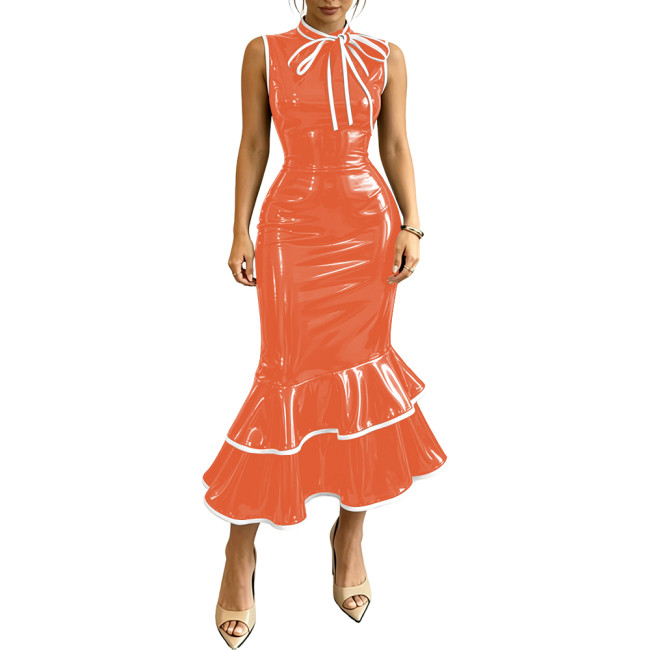 Ladies Elegant High Waist Bodycon Dress PVC Shiny Tea-Length Mermaid Evening Gowns Fashion Bow Neck Sleeveless Wet Look Dresses