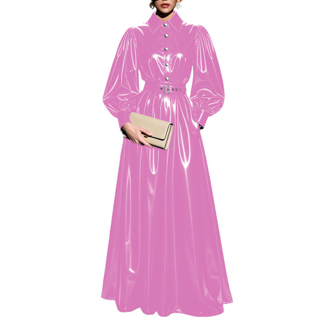 Elegant Vinyl PVC Leather Shirt Skirt Sets Women Turn‑Down Collar Puff Sleeve Top High Waist Pleated Long Skirt Suits Clubwear