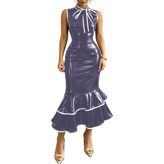 Ladies Elegant High Waist Bodycon Dress PVC Shiny Tea-Length Mermaid Evening Gowns Fashion Bow Neck Sleeveless Wet Look Dresses