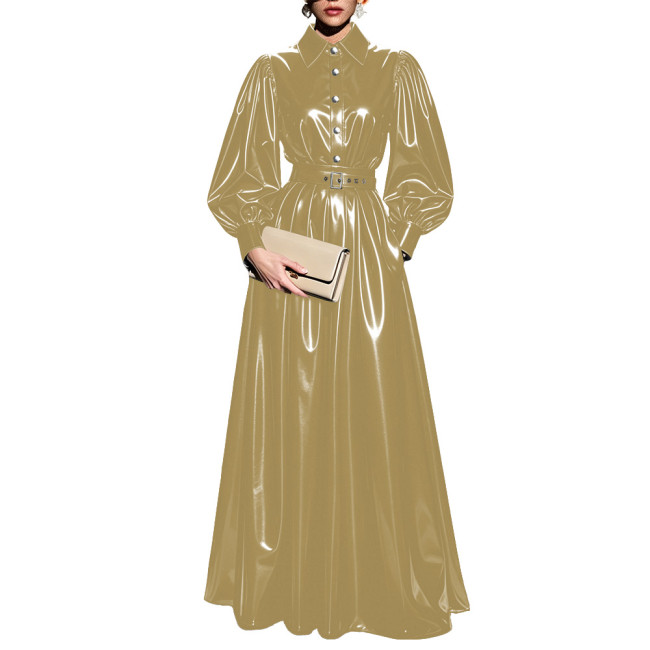 Elegant Vinyl PVC Leather Shirt Skirt Sets Women Turn‑Down Collar Puff Sleeve Top High Waist Pleated Long Skirt Suits Clubwear