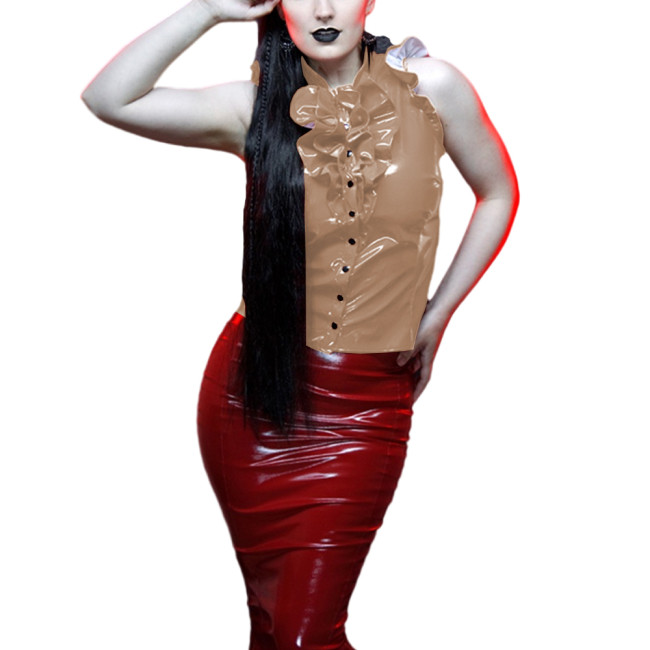 Women's Ruffles Sleeveless Shirt Wet Look PVC Leather Sexy Stand Collar Button Up Blouse Tops Sissy Fetish Clubwear Lady