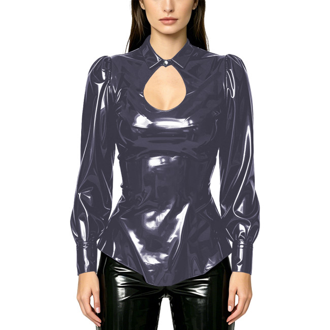 Ladies PVC Vinyl Leather Keyhole Neck Blouse Glossy Puff Long‑Sleeve Slim Fit Shirt Elegant Womens T-shirt Tops for Streetwear