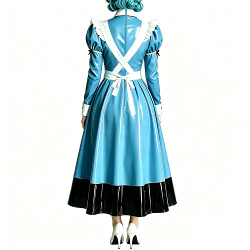 Vintage Glossy PVC Leather Maid Cosplay Dress French Style Patchwork A-line Long Dress with Frilled Apron Halloween Maid Uniform