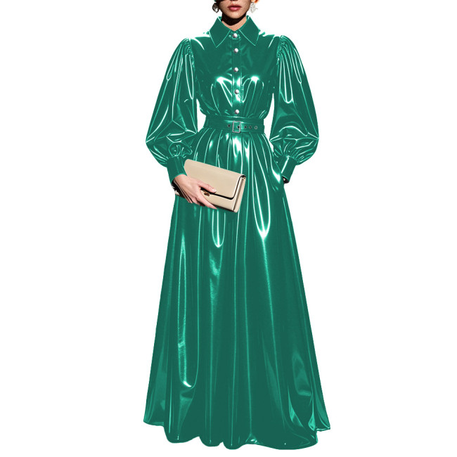 Elegant Vinyl PVC Leather Shirt Skirt Sets Women Turn‑Down Collar Puff Sleeve Top High Waist Pleated Long Skirt Suits Clubwear