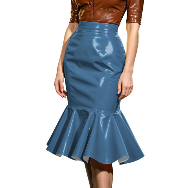 Plus Size Elegant Midi Skirt for Women High Waist Ruffle Hem Slim Skirts PVC Glossy Leather Party Cocktail Bodycon Skirt Fashion