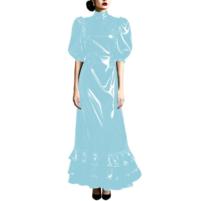 Plus Size Puff Short Sleeve PVC Shiny Long Dress Vintage Ankle-length Mermaid Dress Formal Outfit Carnival Cosplay Party Wear