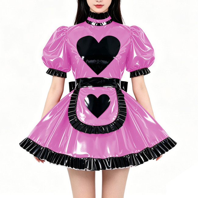 Lockable PVC Shiny Sweet Maid Uniforms Sissy High Collar Ruffle Trim A-line Mini Dress with Apron Carnival Party Cosplay Outfits